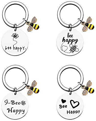 SUNSK Inspirierender Biene Schlüsselanhänger Bee Happy Schlüsselanhänger Damen Auto Taschenanhänger Süßer Anhänger Handtasche für Frauen Weihnachten Geschenke 4 Stück
