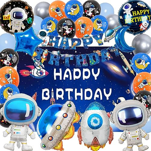SWOKKTS Astronaut Geburtstag Deko, Kinder Weltraum Geburtstagsdeko, Astronauten Planet Rakete Weltall Luftballons Geburtstag Jungen Mädchen, Geburtstagsbanner Folienballon und Hintergrund