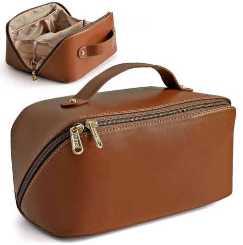 MAMUNU Grande trousse de maquillage de voyage avec poignée,Portable à fermeture éclair,Trousse de toilette avec compartiments pour femmes et filles, marron, 25.00x12.00x12.00cm, Trousse de maquillage