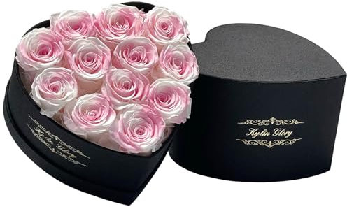 Kylin Glory Bouquet de 12 roses éternelles en forme de cœur pour maman, épouse ou toute occasion spéciale (rose et blanc)