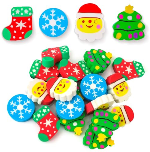 Amaxiu Weihnachts Mini Radiergummis für Kinder, 24 Stück niedliche Bleistift Radiergummis Weihnachtsthema Cartoon Radiergummi kleine Weihnachtsmann Radiergummis große Belohnungsgeschenke, 4 Stile