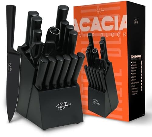 Toni Sharpe 16Pcs Kitchen Knife Set with Black Knife Block | Ultra Sharp Japanese Kitchen Knives (Black, Pack of 16)