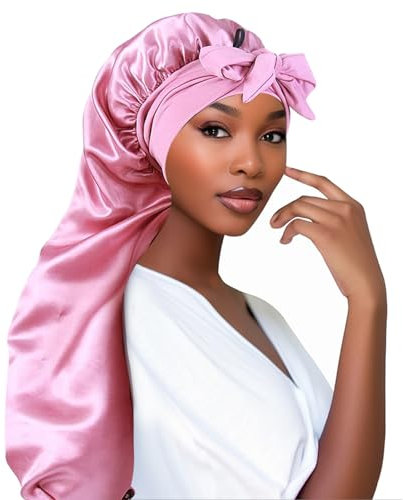Adorila Bonnet extra long en satin pour femme, bonnet tressé réglable avec bande à nouer, bonnet de sommeil double couche élastique en soie pour tresses (rose)