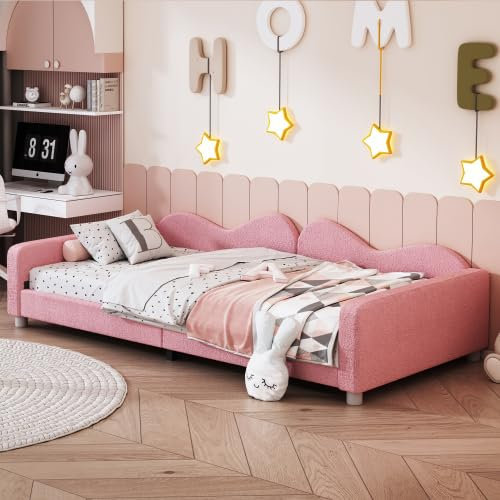 HAINEW Kinderbett Polsterbett 90 × 200cm mit Rückenlehne und Armlehnen, Teddystoff Multifunktionales Schlafsofa Bettgestell, Jugendbett Gästebett für Jungen und Mädchen (Rosa)