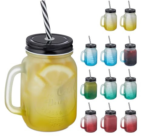 Relaxdays Trinkgläser mit Deckel und Strohhalm, 12er Set, 400 ml, Frosted-Optik, Sommergläser mit Henkel, bunt/schwarz