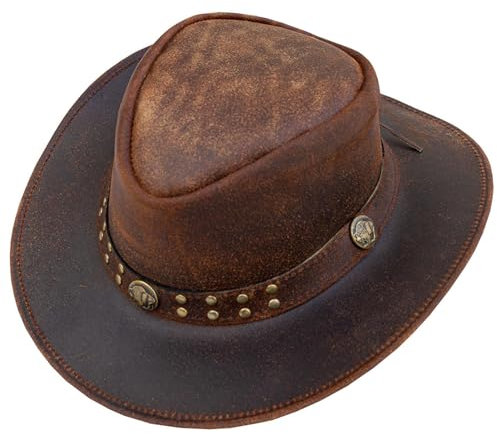 Cowboyhut aus Leder für Herren und Damen, Westernhut mit formbarer breiter Krempe, Lederhut im Aussie-Stil, Braun, SMALL
