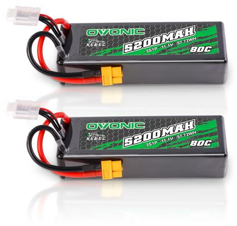 OVONIC Batterie Lipo 3S 80C 5200 mAh 11,1 V avec connecteur XT60 rigide pour RC Car Monster Truck RC Truggy Buggy RC Truck Hobby (2 pièces)