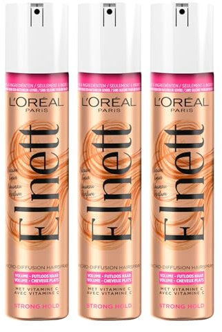 L'Oréal Paris Elnett Satin Haarspray Fixierung Starkes Volumen Volumenformel mit Texturiermittel und Rosenduft in Blüte - 3 Flaschen à 200 ml