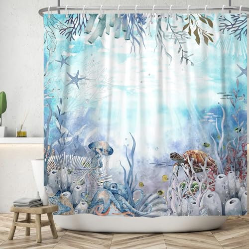 ASDCXZ Ozean Duschvorhang 180x220 cm, Aquarell Blau Unterwasserwelt Schildkröte Quallen Oktopus Koralle Bad Waschbar Duschvorhänge Polyester Textil Wasserdicht Duschvorhang für Badewanne mit 12 Haken