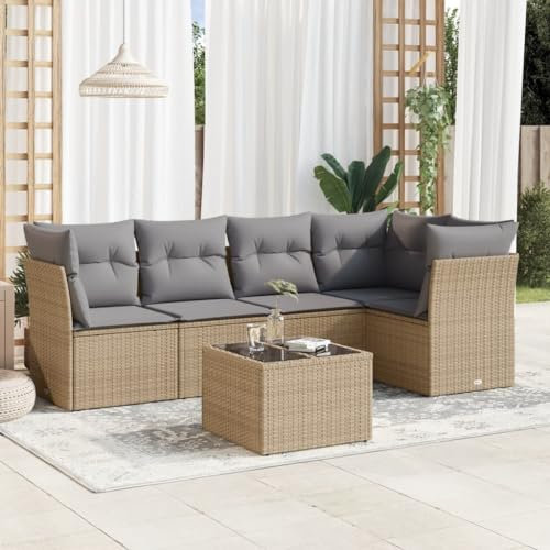 ULUYYUC 6-TLG. Garten-Sofagarnitur, Eckbank Küche Polsterbank Gartenbank Terrassenmöbel Geeignet für Hinterhof Außenbereich Balkon Garten mit Kissen Beige Poly Rattan