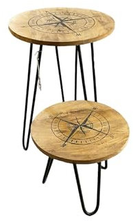 Generico BATELA - Set di 2 tavolini bassi da salotto - altezze diverse -gambe in metallo nero - Piano Rotondo in legno con stampa Rosa dei venti