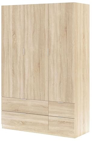 Miroytengo Mew Armario Dormitorio 4 Cajones y 3 Puertas Estilo Natural en Color Madera Claro 135x200 cm