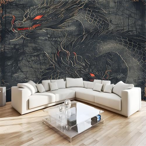 3D Papier Peint Graphique Abstrait Dragon Noir Papier peint panoramique Noir- Pour Salon Chambre Chambre D'Enfant Décoration Murale Poster 350x256cm