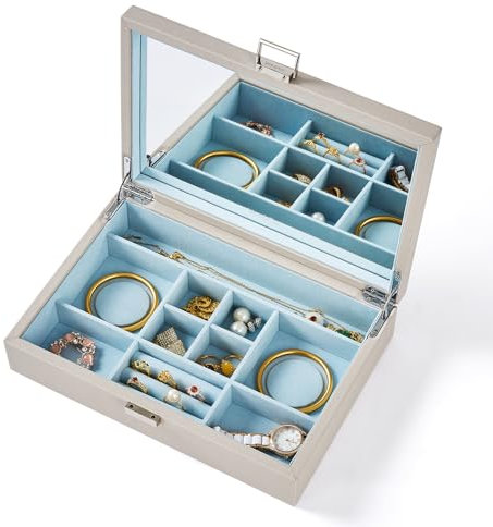 Vee Schmuckschatulle mit Deckel, 2-lagiger Schmuck-Organizer mit großem Spiegel, PU-Leder, Schmuckaufbewahrung, Displayhalter für Halsketten, Ohrringe, Ringe, Armbänder, abschließbar, Geschenk für