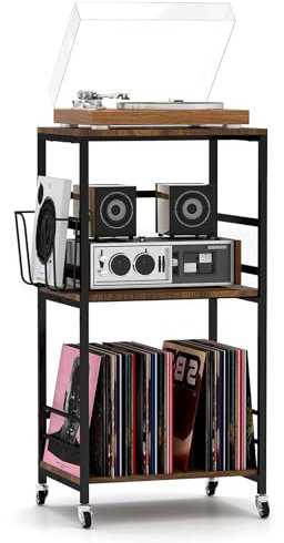 tonchean Soporte para tocadiscos, estante para discos de vinilo, 3 niveles, tocadiscos, mesa de madera con ruedas, almacenamiento de discos de vinilo, mesa auxiliar para salón, dormitorio, oficina