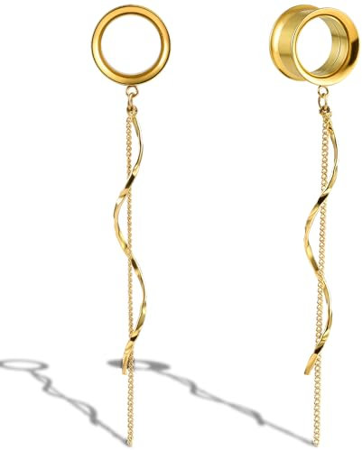 DOEARKO Ohr Flesh Tunnel 1 Paar Ohr Plugs mit Anhänger Edelstahl Ohrpiercing Gestreckte Schmuck Piercing Schmuck für Frauen und Männer （Gold，16mm）