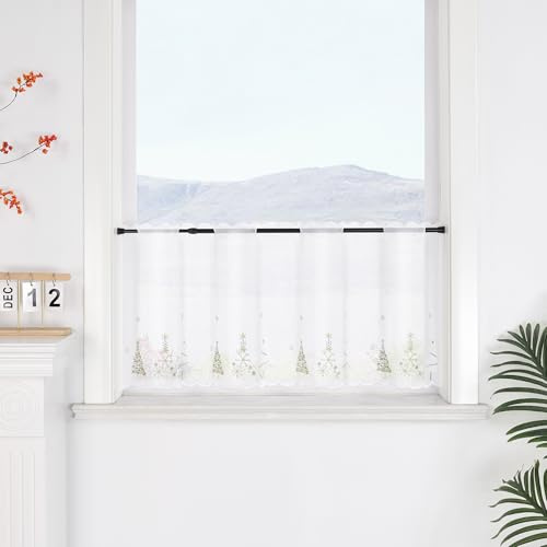 SCHOAL Scheibengardine mit Lochleiste Bistrogardine mit Stickerei Scheibenvorhang mit Weihnachtsbaum Transparent Vorhang Voile Kurzgardine Weihnachten 1 Stück HxB 60x140 Weiß