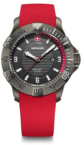 WENGER Herren Armbanduhr Seaforce, Ø 43 mm, Swiss Made, Analog Quarz, Wasserdicht bis 200 m, Silikon-Armband, Schwarz/Rot, 01.0641.144