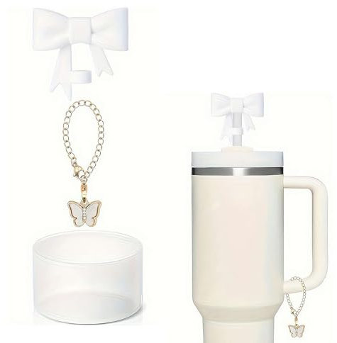 Stanley Cup, 3 Stück Schleifen-Zubehör für Stanley-Becher, einschließlich Schleifen-Strohhalm-Abdeckkappe und Silikon-Stiefel- und Griff-Schleifenanhänger, wiederverwendbar, niedlicher