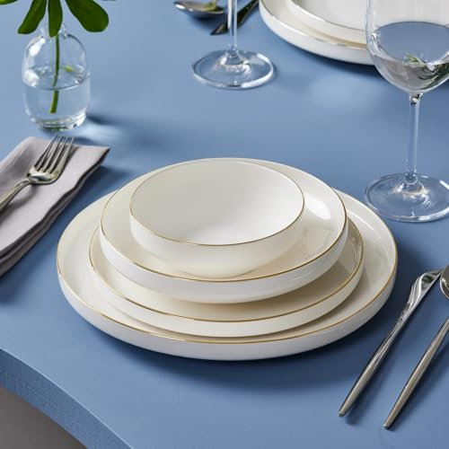 Karaca Saturn Service de table blanc moderne pour 6 personnes, 24 assiettes et bols, matériau en porcelaine anglaise, bordure dorée durable et élégante