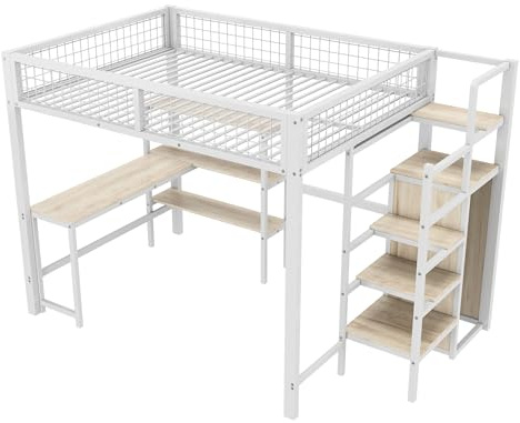 Azkoeesy Hochbett mit Schreibtisch und Treppe, 140x200 cm, Kinderbett Etagenbett mit Kleiderschrank und Bücherregalen, stabiles Metall-Doppelbett für Erwachsene, weiß