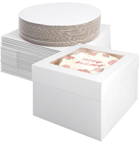 MOUYAT 40PCS 10 Inch Cake Boxes with Cake Boards (20 Each), 10 Inch Cake Box with Window, White Square Bakery Box, Large Baking Boxes for Wedding, Birthday, Party