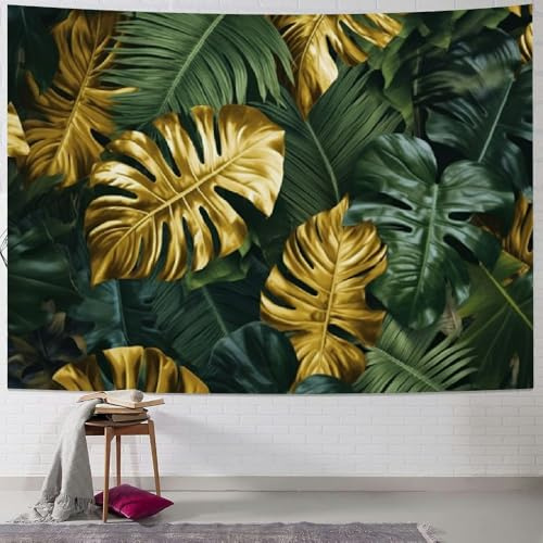 Wandbehang Blätter Tropischen Grün Und Gold Palme Blätter Banane Monstera Pflanzen Foto Büro Langlebig Wandtuch Neuheit Kunst Wandteppich Für Deko Zimmer Schlafzimmer M