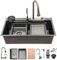 Grifo Cascada Fregadero Con Pantalla, Fregadero Con Nanorrevestimiento, Fregadero De Cocina Con Cascada, Tabla De Cortar Deslizante Y Lavavajillas De Alta Presión(Black-Grey#1,85x45cm)