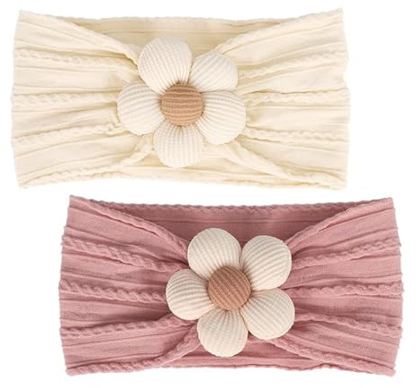 ZILZUFA 2 Pièces Bandeau Bebe Fille Fleurs Bandeaux Extensible, Nylon Bandeaux Fait Main Bandeau Cheveux Fille, Bandeau Turban Bébé, Bandeau élastique pour Bébé, Bambin
