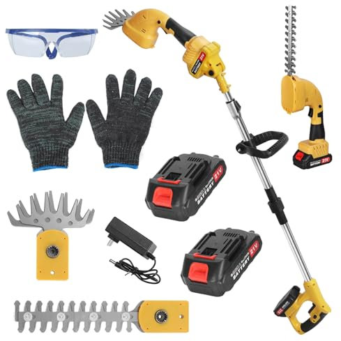 Cordless Hedge Trimmer with Retractable Extension Pole, 2-in-1 for High Branches & Grass, 200mm Blade Length, 21V Rechargeable Battery, Quiet Operation for Lawns & Gardens Yellow