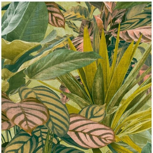 YöL Wanderlust Green Pink Jungle Botanical - Tropical Leaf Living Room - Contemporary Versatile Modern - Striking Feature Statement Wall - Paste The Wall Wallpaper Vinyl