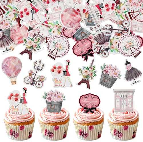 Blumomon 45 Pack Edible Paris Party Cupcake Toppers Pink Paris Theme Cake Decoration Drink Topper Picks Eiffel Tower Balloon for Girls Birthday Romantic themes Party Decor Supplies