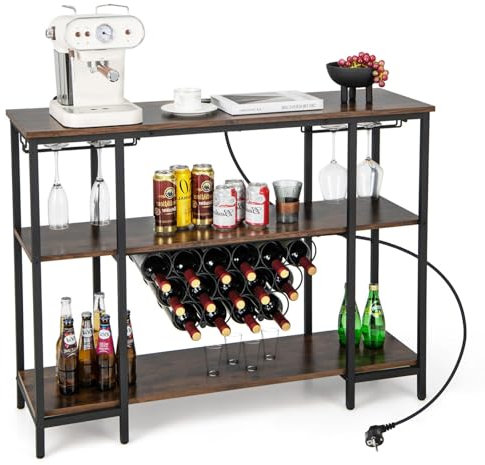 COSTWAY Étagère à Vin pour 15 Bouteilles, Casier à Vin à 3 Niveaux Industriel, Prises de Courant, 2 Ports USB, Étagères de Rangement, Porte-Verre, Porte-Bouteille pour Bar, Cuisine (Brun Rustique)