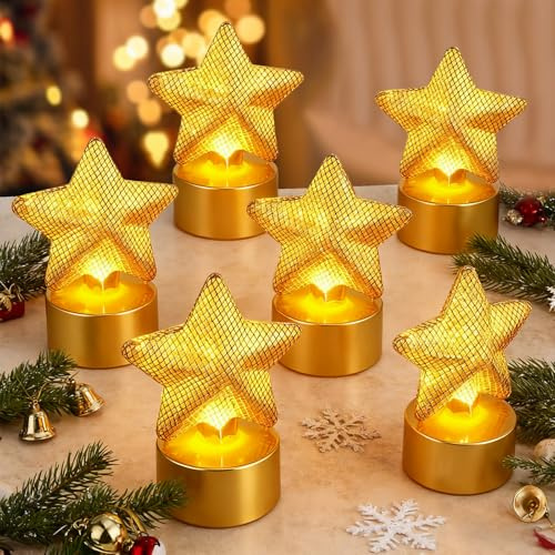 SPERMUOY Weihnachtsdeko LED Kerzen,6 Stück Weihnachten Kerzen Stern LED kerzen weihnachten Teelichter Elektrische Stern Teelichter für Ramadan Innen Tisch Deko [Energieklasse A+++]