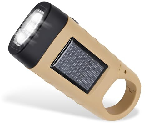 ONGNIUU Wiederaufladbare 2-in-1 Solar-Taschenlampe und Kurbel, tragbare LED-Taschenlampe mit Karabiner, wasserdicht, für Notfälle, Camping, Radfahren, Wandern, Khaki
