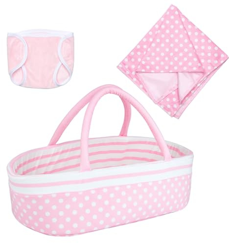 Reborn Baby Doll Accessories Set of 3 Bassinet + Blanket + Diaper Thick Folding Carrier Bed for 16-22 Inch Baby Doll, Soft Sleep Cradle Newborn Girl Doll Accessories Pink