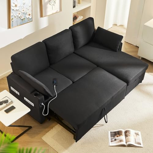 LEMROE Sofa Bed Sleeper with Storage & Pull Out Bed, L-Shaped Linen Black