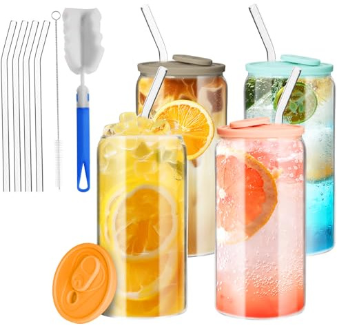 4et Glas mit Deckel und Strohhalm, 500 ml Trinkgläser mit deckel, Farbige Silikondeckel,Dosenförmige Glasbecher, Geeignet für Eiskaffeetassen, Limonaden, Smoothies, Bier, Cocktails