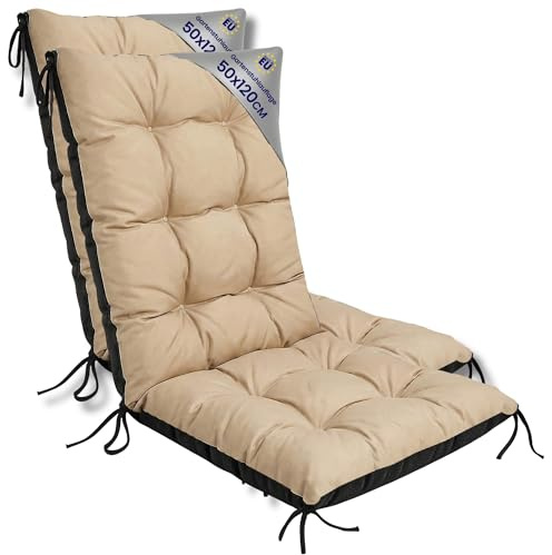 Amazinggirl Gartenstuhl Hochlehner Auflagen 2er Set 50x120 cm - Sitzauflagen Gartenmöbel Gartenstuhlauflagen Polster Auflage für Gartenstühle Sitzpolster Outdoor Stuhlauflagen Sitzkissen Beige