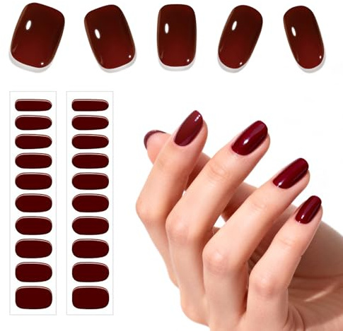 Sularpek Weinrot UV Nagelfolie 20 teilig Semi Gel für 2 Wochen Haltbarkeit Selbstklebende Gel Nagelfolien Set mit Zubehör einfache DIY Maniküre für Anfänger