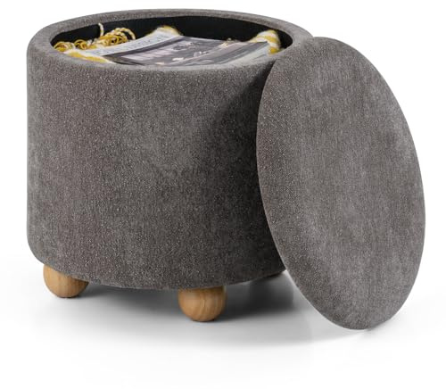 COSTWAY Pouf Rangement Rond, Tabouret Rangement 35 L, Tissu Chenille, Couvercle Amovible, 4 Pieds en Bois Caoutchouc, Pouf Repose Pieds pour Salon Chambre, Charge 150 kg, Ø44,5 x H44,5 cm (Gris)