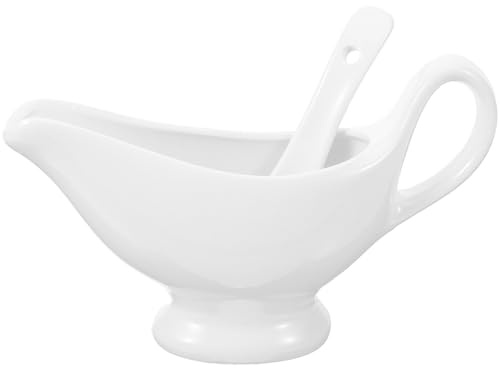 SHINEOFI Salsiera in Ceramica Porcellana Bianca con Cucchiaio Profondo 175ml, Anti-Goccia e Facile da Servire, per di Lavoro e Intrattenimento
