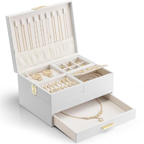 VLANDO Schmuckkästchen Groß,Schmuckaufbewahrung mit Ausziehbare Schubladen | Geschenk für Damen, PU Leader Schmuckkasten Für Ohrringe,Halsketten,Ringe, 3 Schubladen,Creamweiß