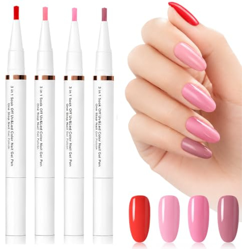 3 in 1 Gel Nail Polish Pens Set, 4PCS UV LED DIY Manicure Nail Varnish Pens | Nail Polish Pen, One step Gel Nail Art Pens with Built In Brush and Twist design, Travel and Daily Nail Art