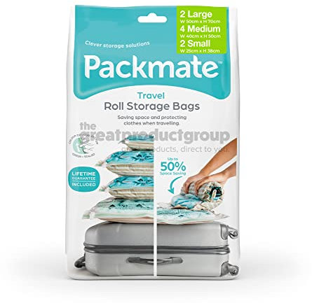 Packmate - 8pc Assorted (2L + 4M + 2S) Travel “roll by hand” Vacuum Bag - Premium quality market-leading brand, reusable, spacesaver luggage bags (Packaging may differ)