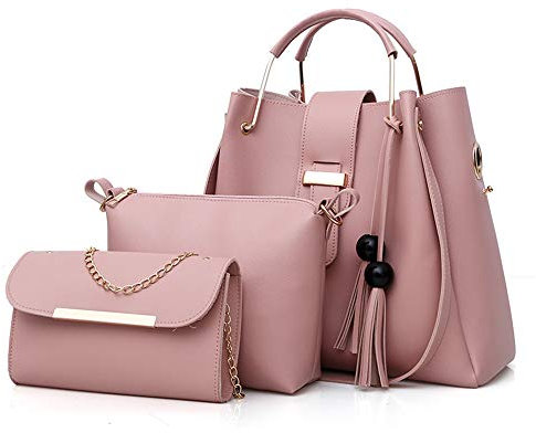 AlwaySky Frauen weiche PU-Leder-Handtasche 3 Stücke Set Tote Schultertasche Clutch Geldbörsen Set Rosa