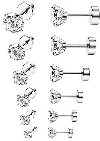 Adramata 6 Paare 18G Edelstahl Ohrstecker Piercing Runder Zirkonia Eingelegt Ohrringe mit Flachem Rücken Barbell Ohrringe für Frauen Männer 3-8mm