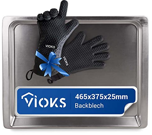 VIOKS Juego de accesorios para hornear – Bandeja de horno 46 x 37 cm 465 x 375х25 mm Reemplazo para bandeja de horno Bosch 00438155 Deep & 2 Guantes de Cocinar Negro con Bandeja para Hornear Siemens