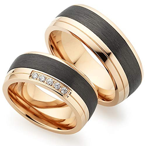 123traumringe Carbon Eheringe Titan Rosegold Paarpreis mit Zirkonia inkl. Gravur I Trauringe Titan für Sie und Ihn I Paarringe Eheringe Partnerringe schwarz | P3