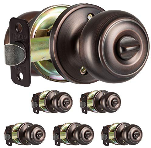 Ilyapa Privacy Door Knob for Bed/Bath - Colonial, Oil Rubbed Bronze Interior Keyless Turn Thumb Locking Round Door Handle, Oil Rubbed Bronze, 6 Pack